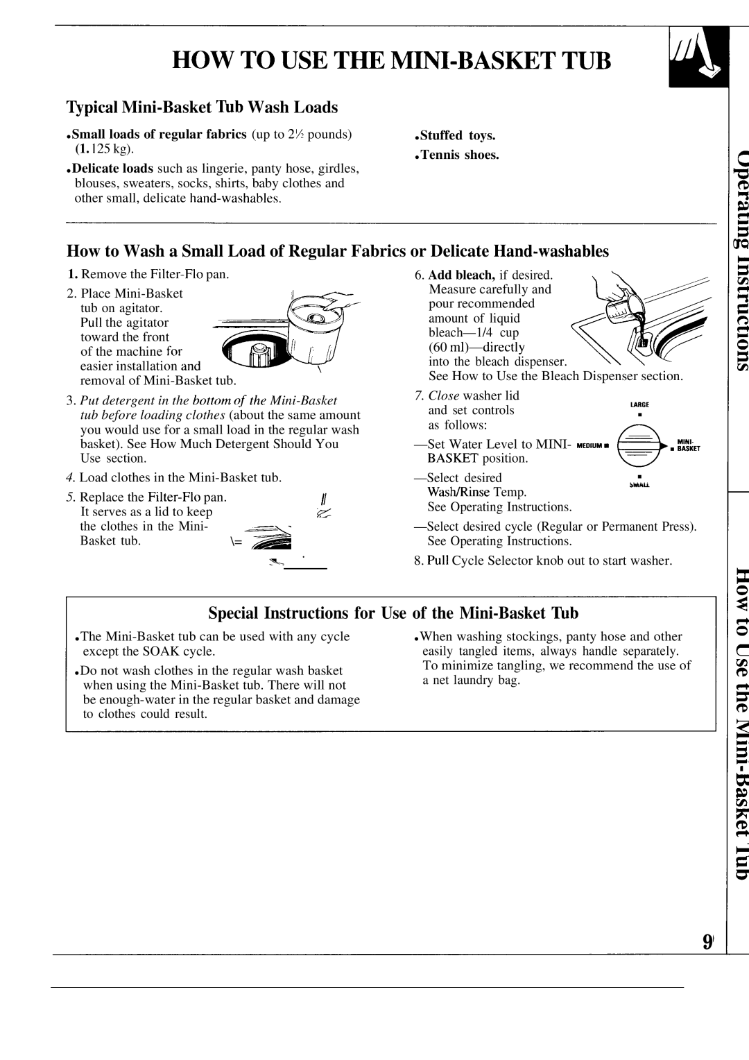 GE WA5826R ~pical Mini-Basket ~b Wash Loads, Special Instructions for Use of the Mini-Basket ~b, Stuffed toys Tennis shoes 