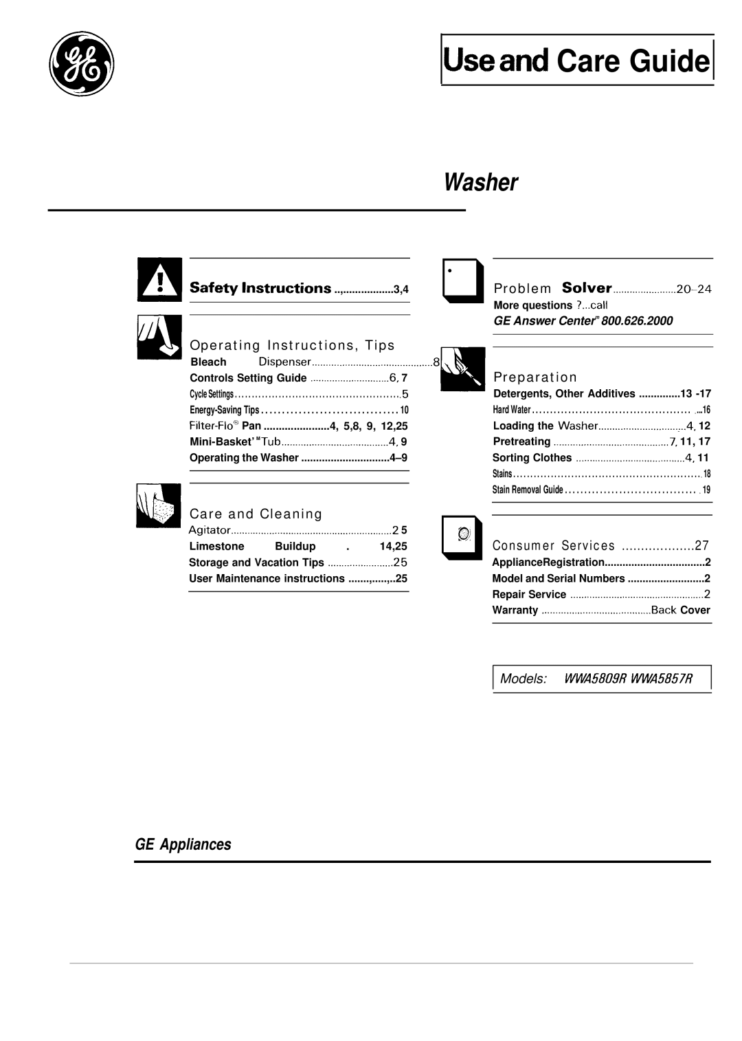 GE WA5857R operating instructions Useand Care Guide 