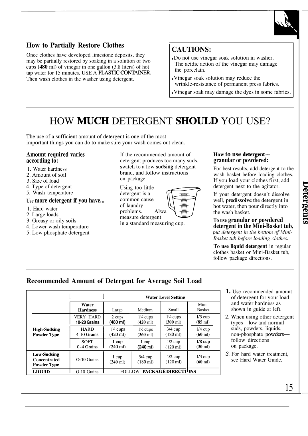 GE WA5857R HOW ~CH Detergent SHO~D YOU USE?, How to Partially Restore Clothes, Amount required varies according to 