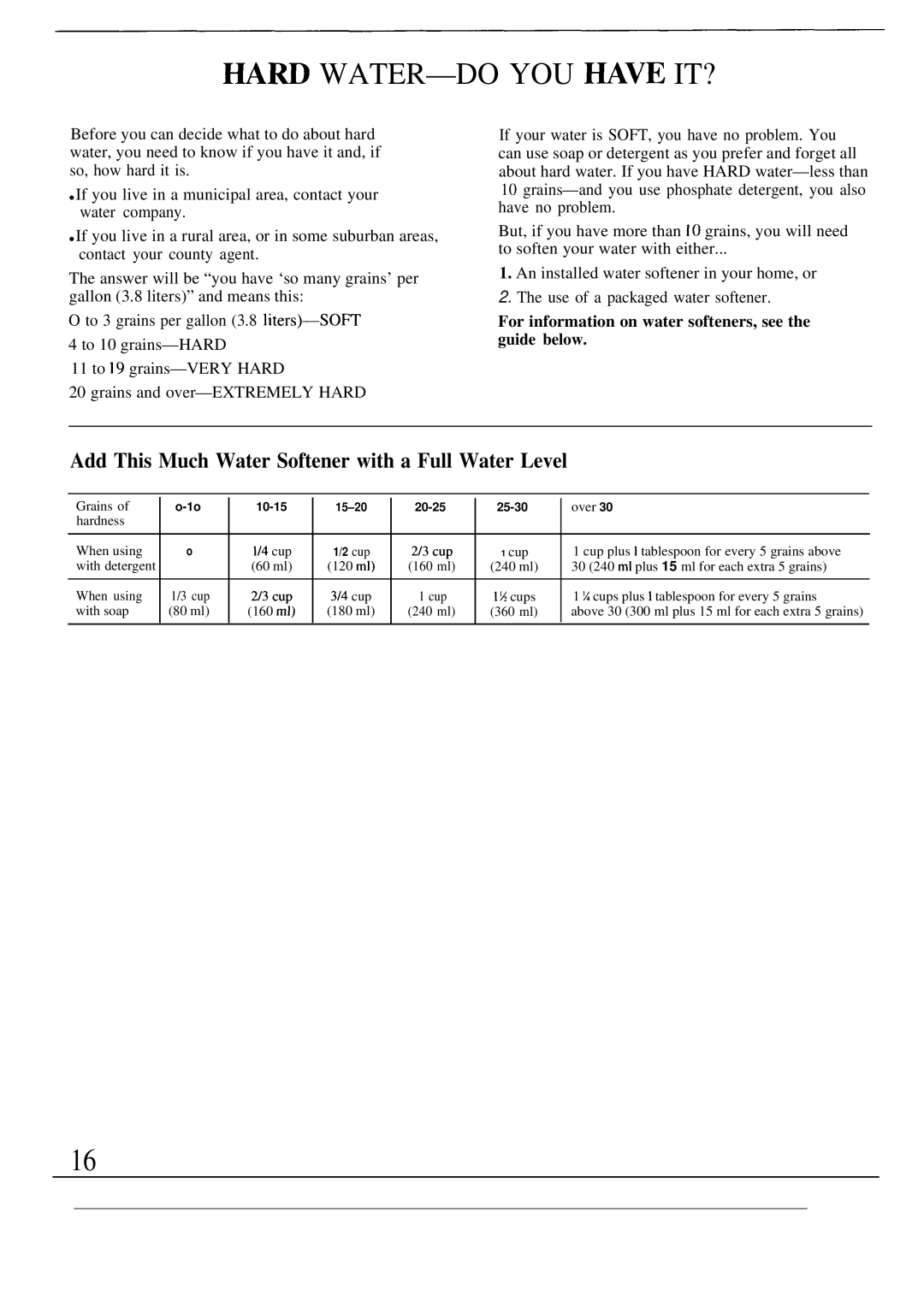 GE WA5857R operating instructions ~Rd Water-Do You ~Ve It?, Add This Much Water Softener with a Full Water Level 