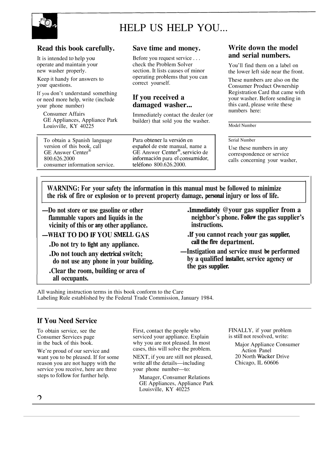 GE WA5857R operating instructions Help US Help YOU 