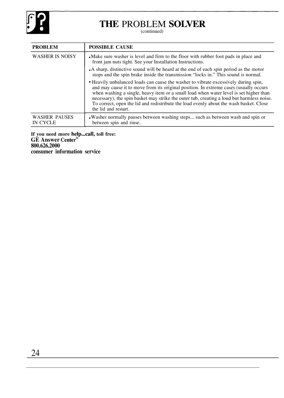 GE WA5857R operating instructions ~ Problem SOL~R, Consumer information service 