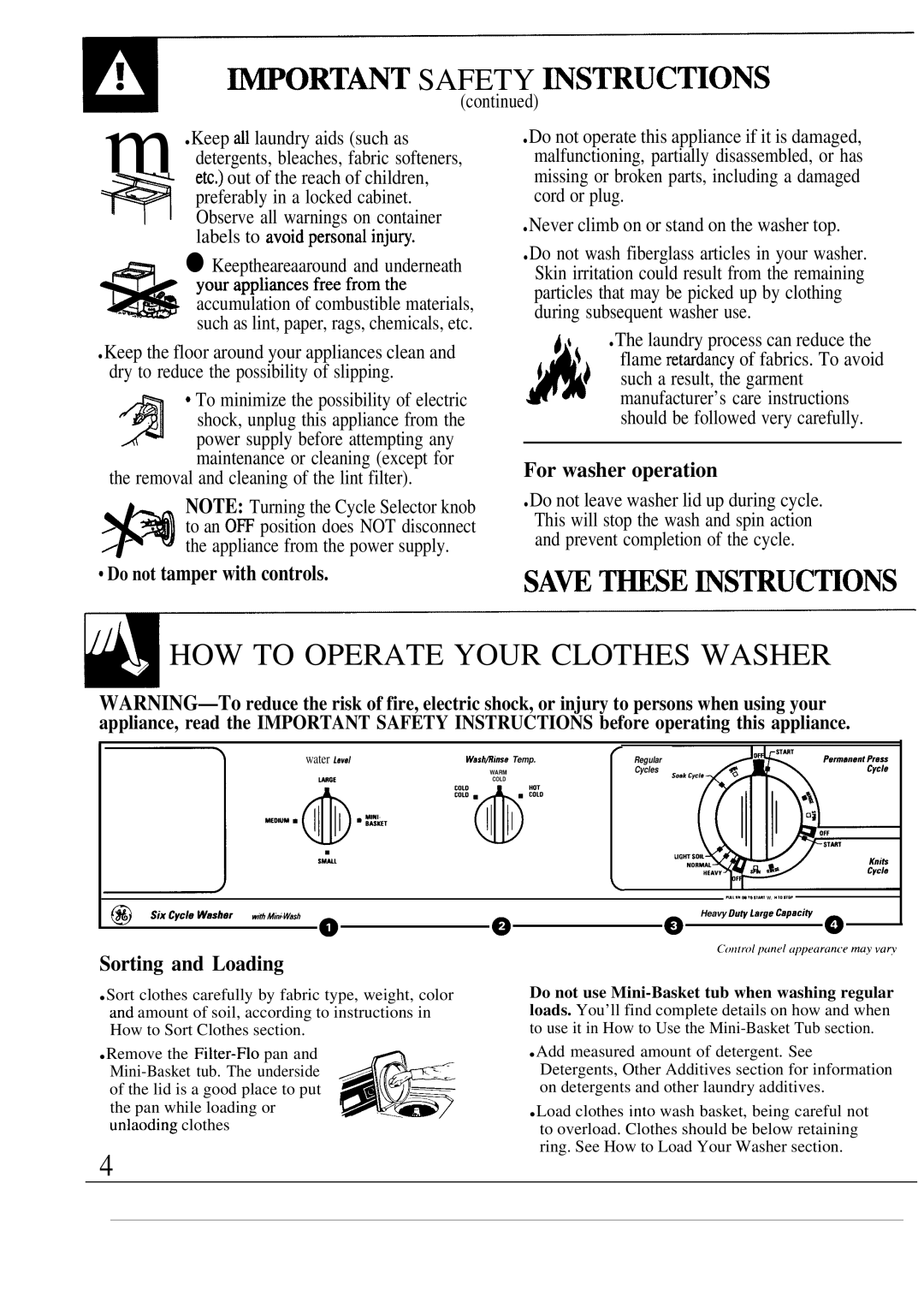 GE WA5857R ~ORTANT Safety ~STRUCTIONS, SAW BSE MSTRUC~ONS HOW to Operate Your Clothes Washer, For washer operation 