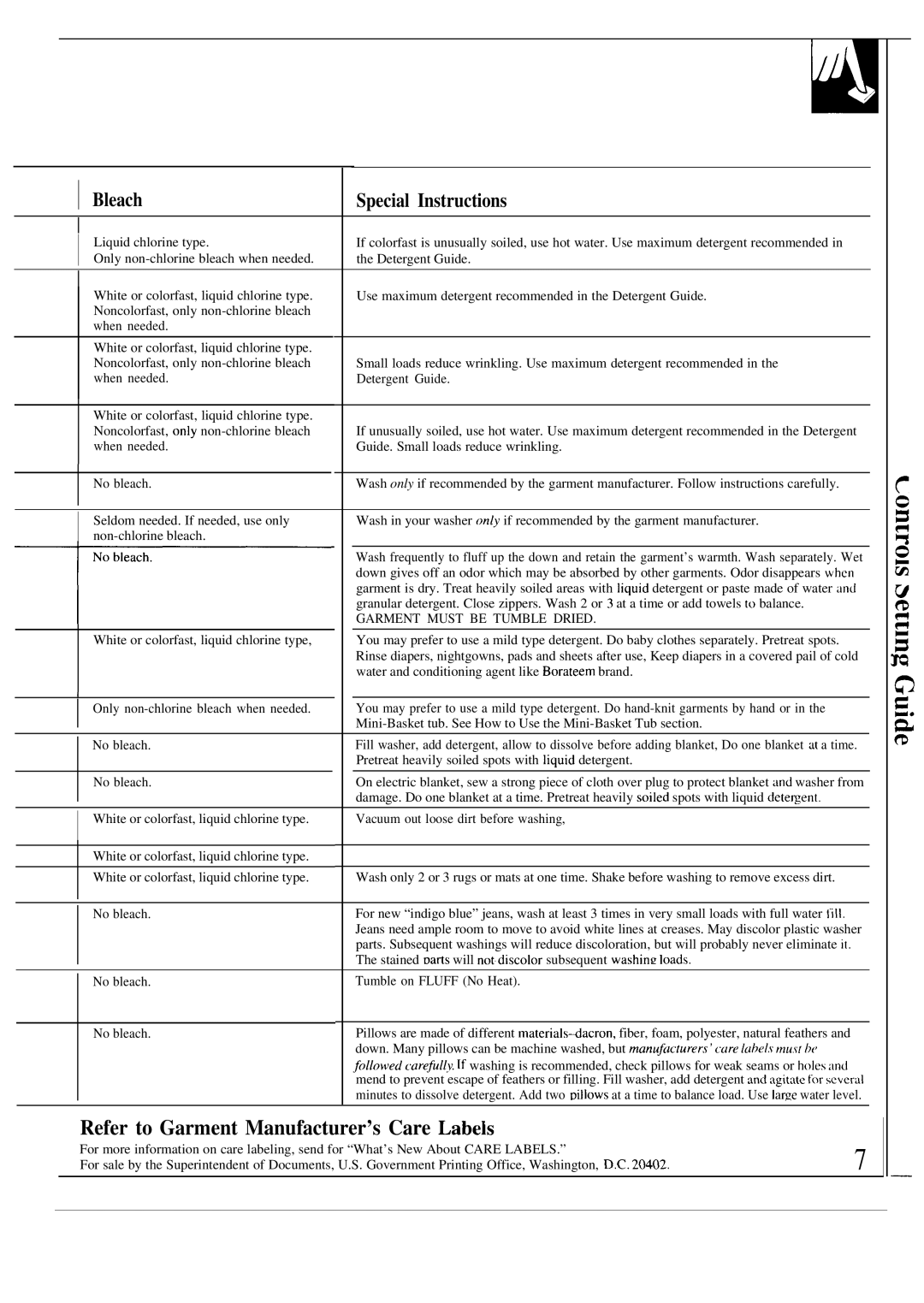 GE WA5857R operating instructions Refer to Garment Manufacturer’s Care Labeis, Bleach Special Instructions 