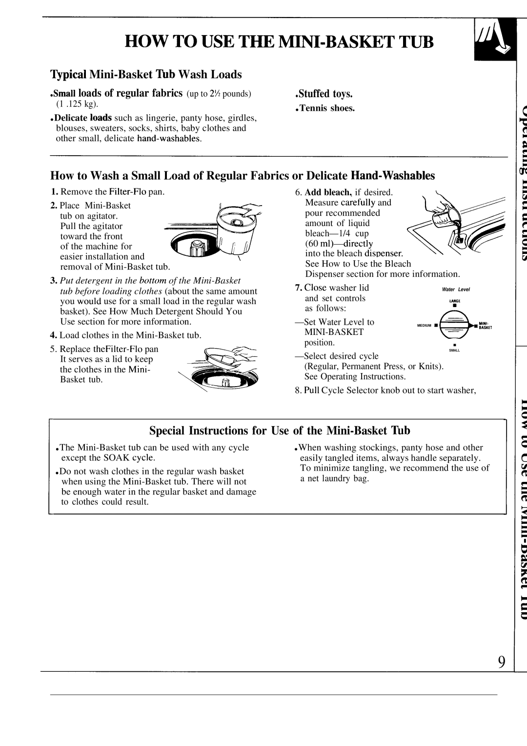 GE WA5857R ~pical Mini-Basket ~b Wash Loads, Special Instructions for Use of the Mini-Basket ~b, Stuffed toys 