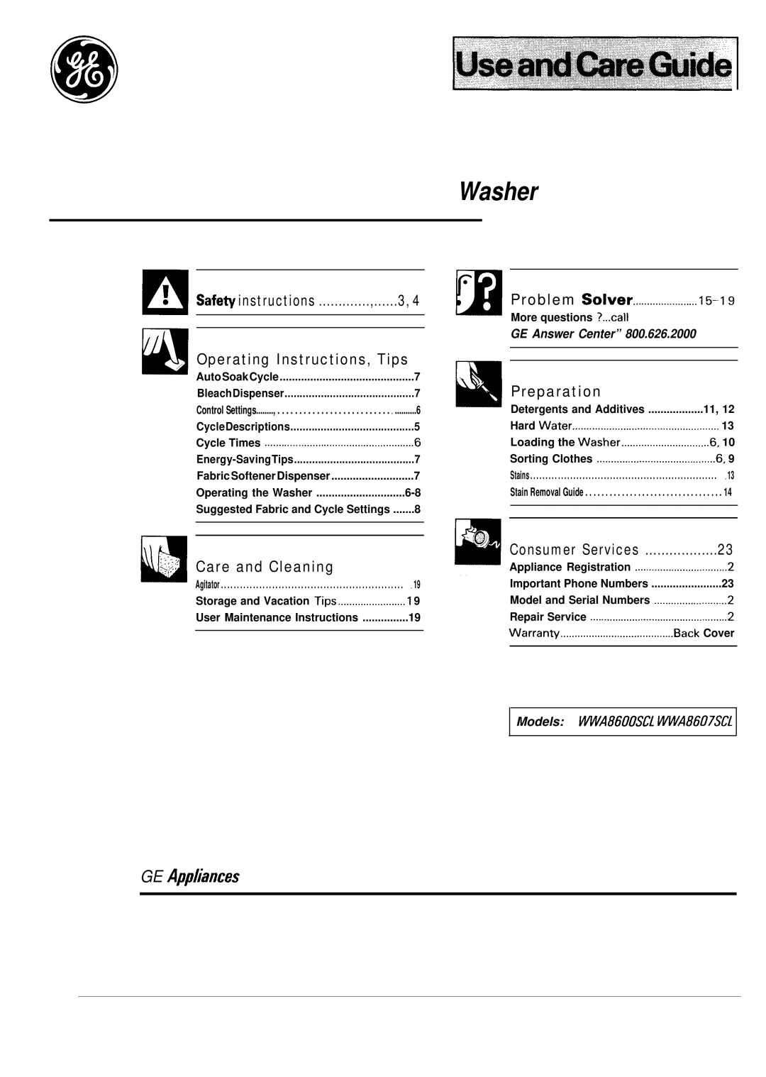 GE WA8600SCL, WA8607SCL operating instructions Washer 