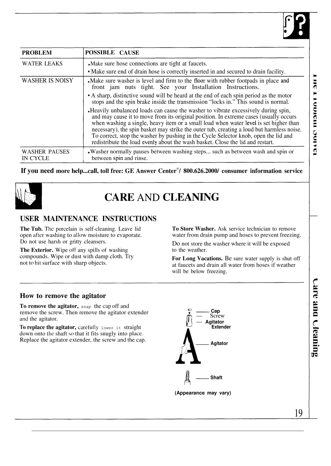 GE WA8600SCL, WA8607SCL operating instructions CAm and CLEAN~G, How to remove the agitator 