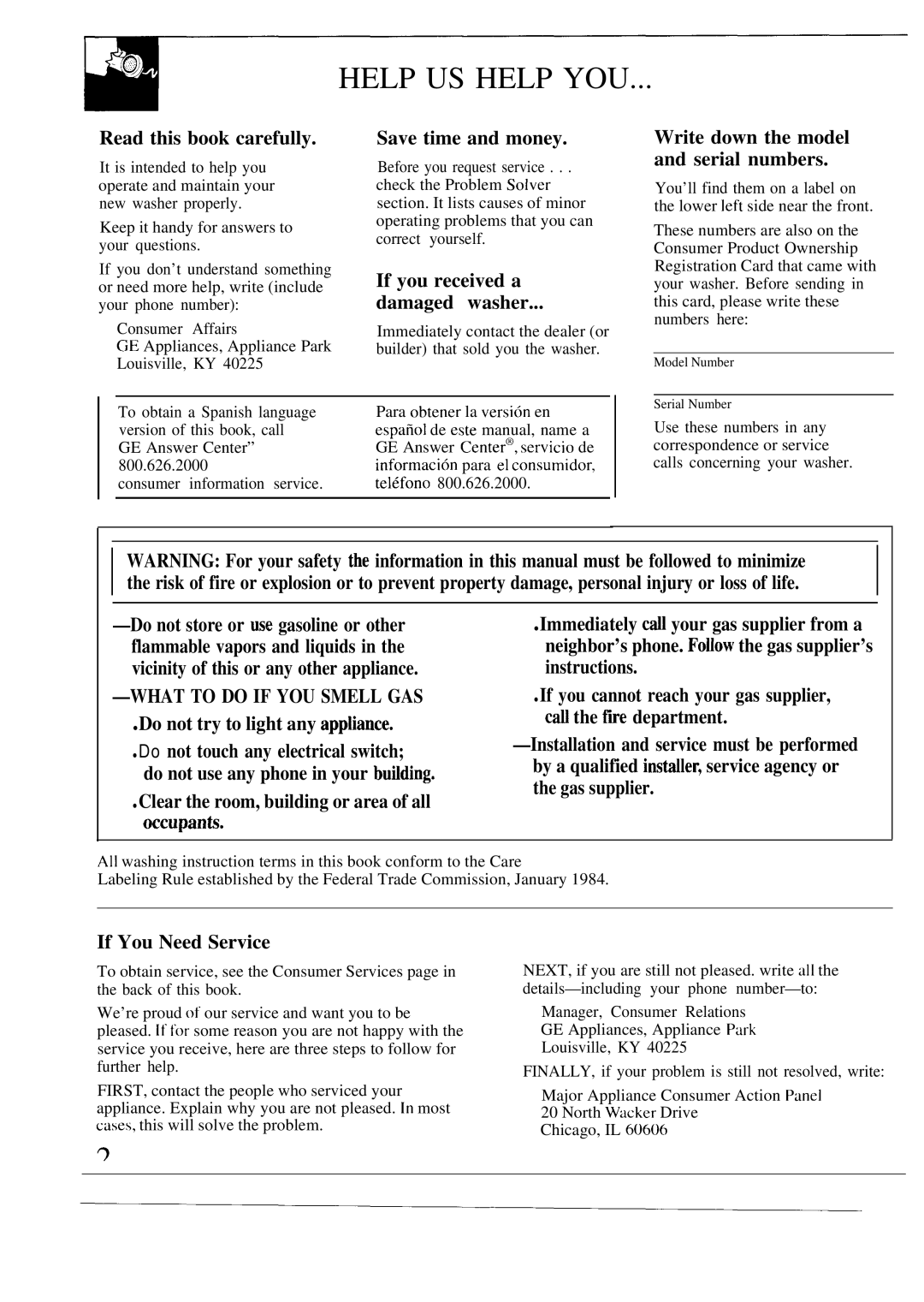 GE WA8607SCL, WA8600SCL operating instructions Help US Help YOU 