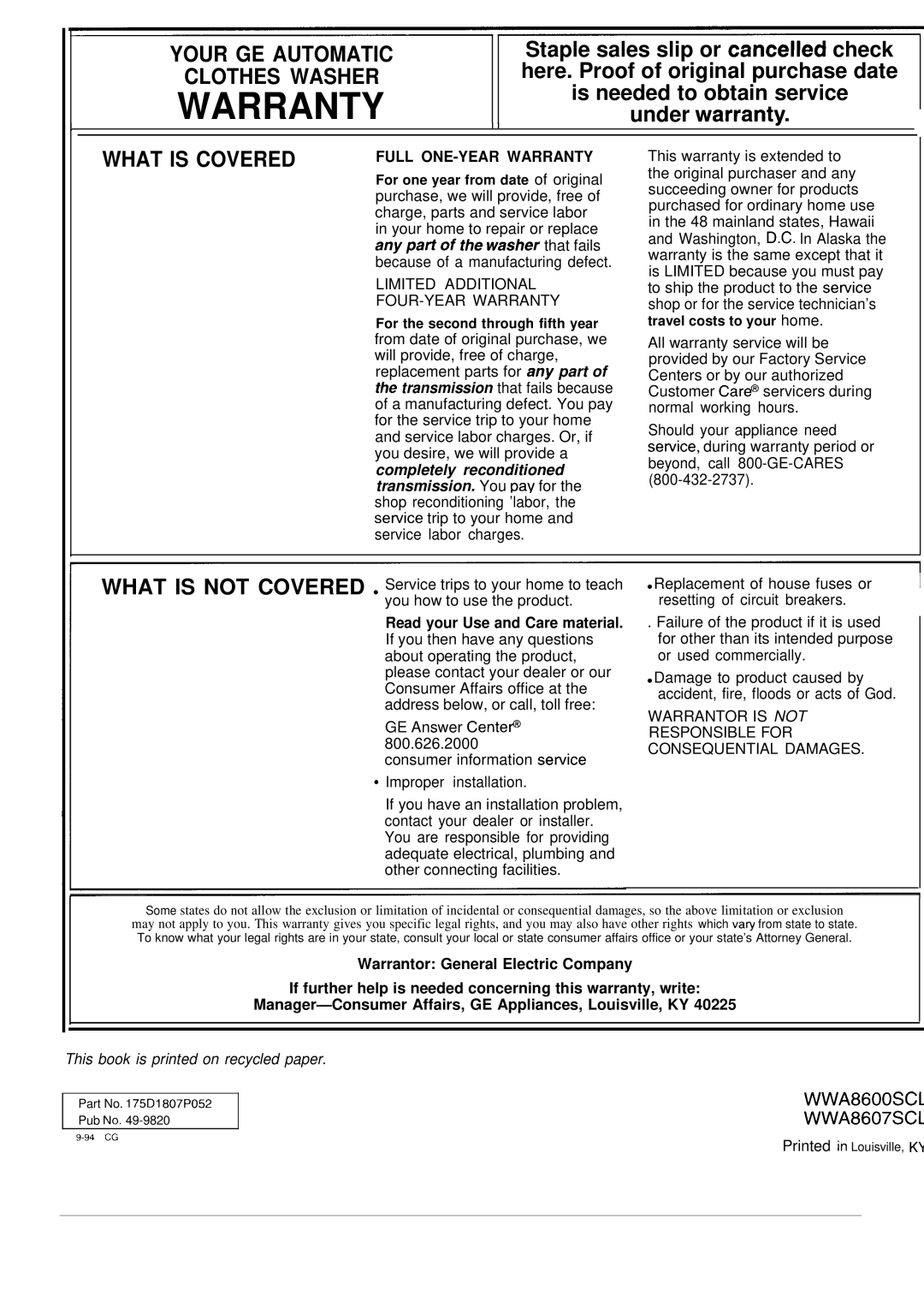 GE WA8607SCL, WA8600SCL operating instructions Warranty 