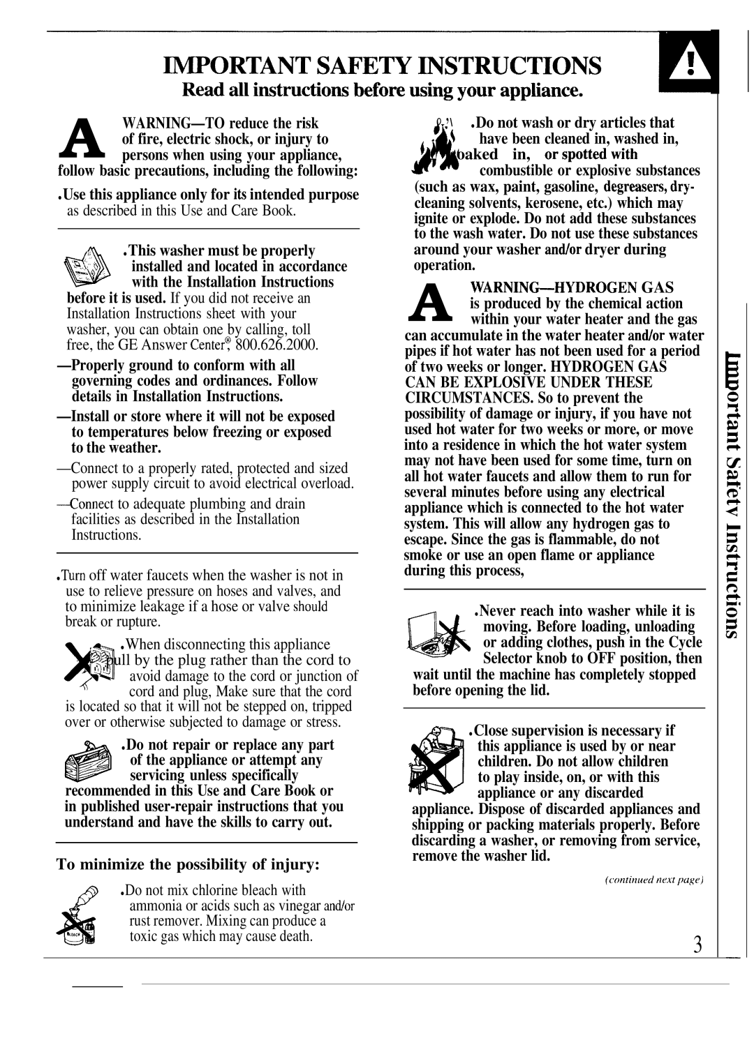 GE WA8600SCL, WA8607SCL operating instructions To minimize the possibility of injury 