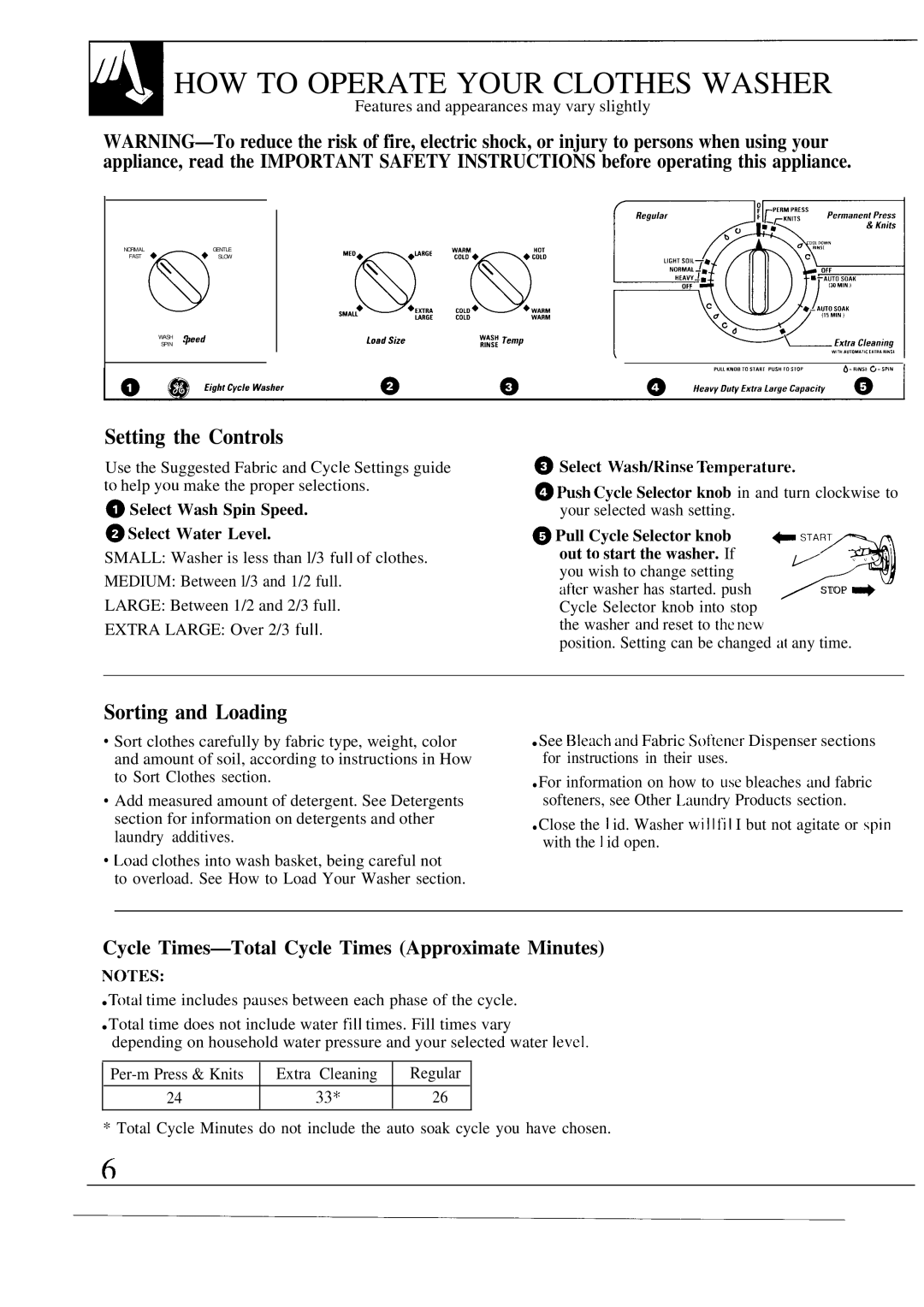 GE WA8607SCL, WA8600SCL operating instructions HOW to Operate Your Clothes Washer, Setting the Controls, Sorting and Loading 