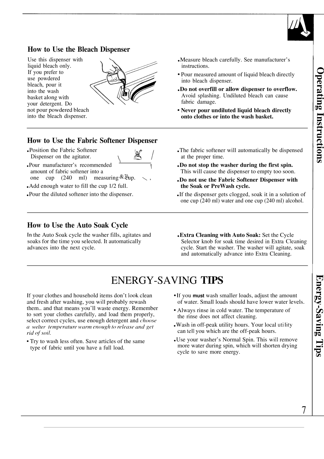 GE WA8600SCL, WA8607SCL Energy-Saving Tws, How to Use the Bleach Dispenser, How to Use the Fabric Softener Dispenser 