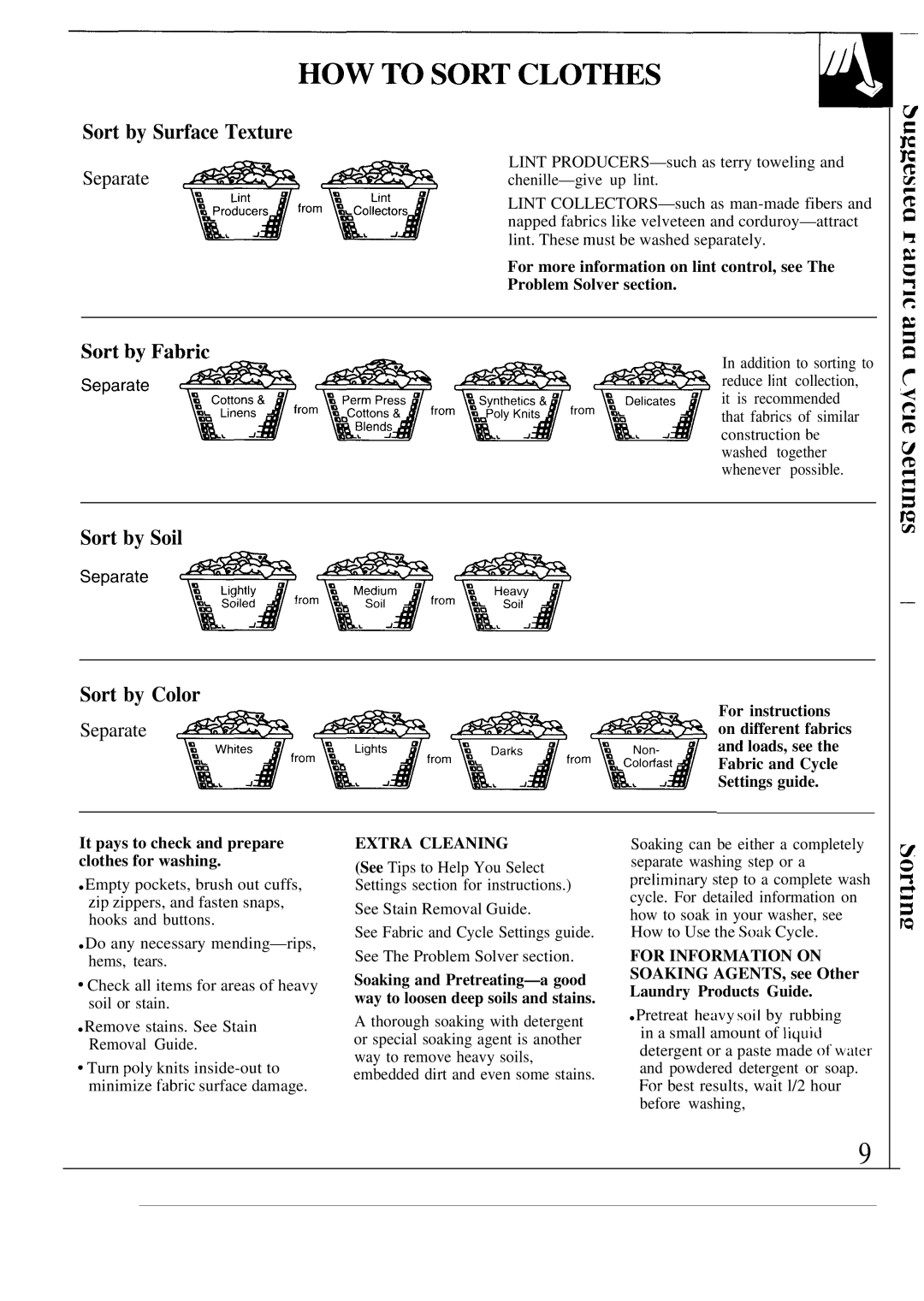 GE WA8600SCL, WA8607SCL operating instructions Sort by Surface Texture, Sort by Soil Sort by Color 