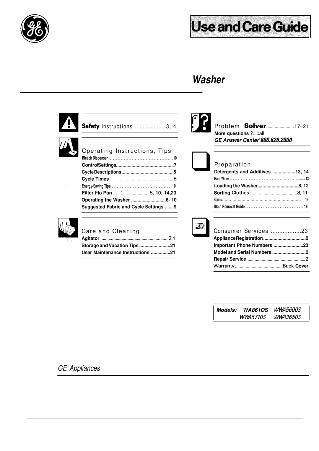 GE WA8610S operating instructions Washer 