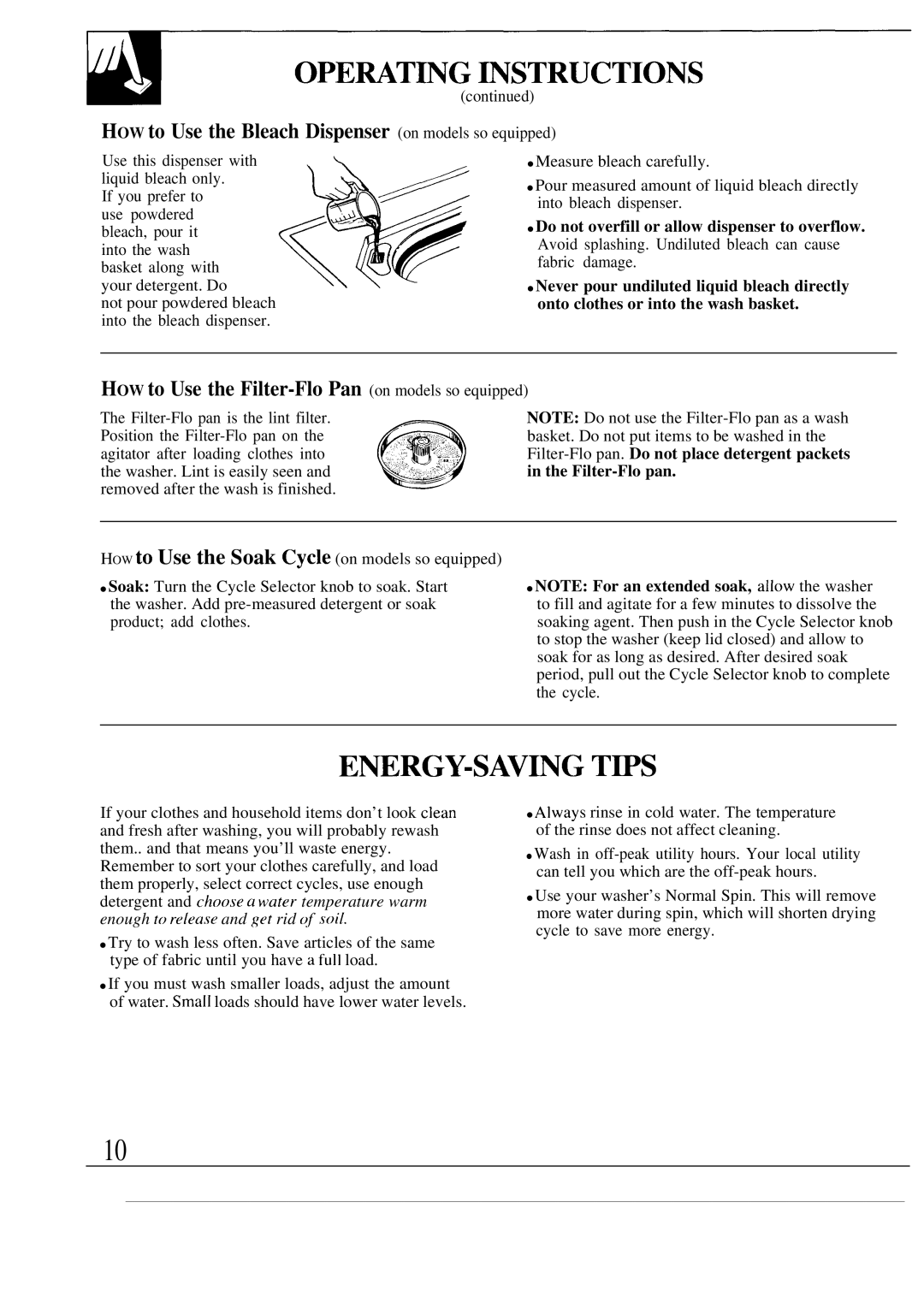 GE WA8610S Operat~G ~Structions, Energy-Sav~G Tps, HOW to Use the Bleach Dispenser on models so equipped 