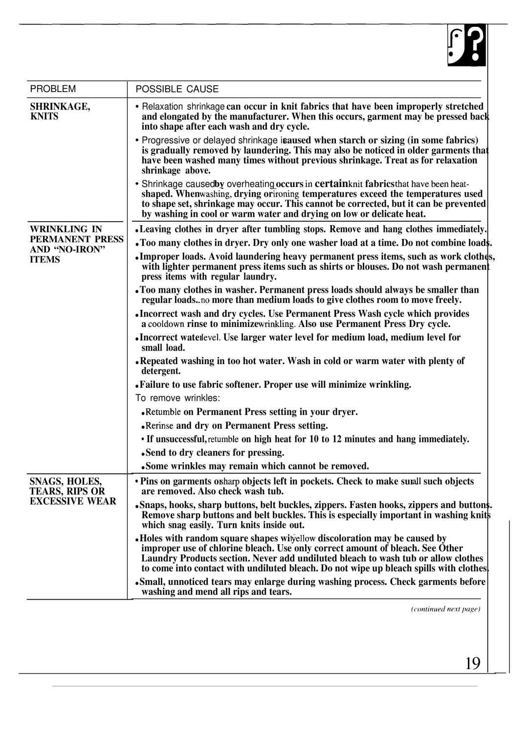 GE WA8610S operating instructions Knits, To remove wrinkles 