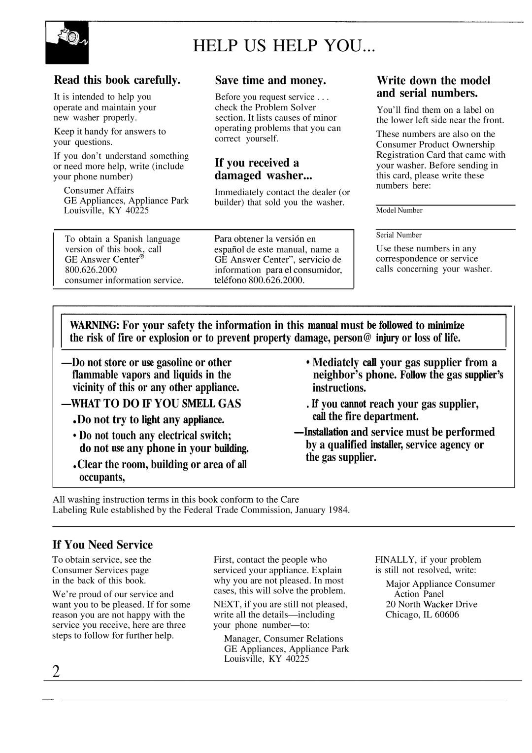 GE WA8610S operating instructions Help US Help YOU 