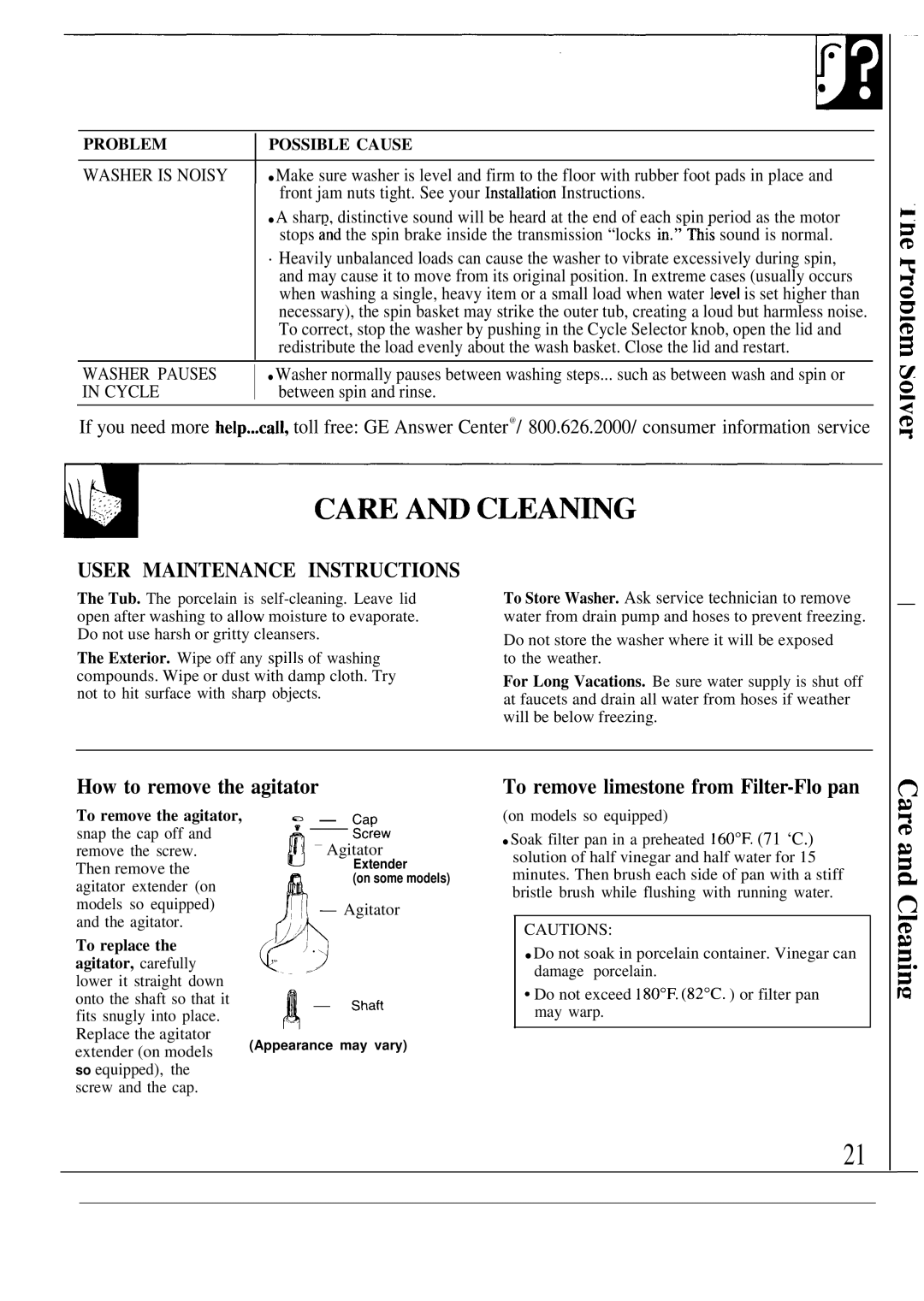 GE WA8610S operating instructions CAW Am CLEAN~G 