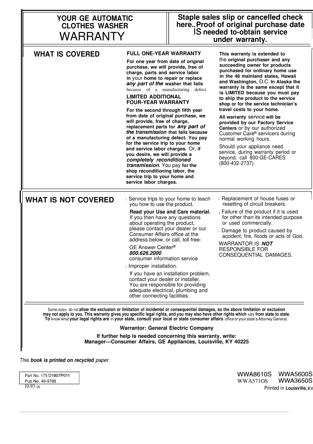 GE operating instructions Warranty, WWA8610S WWA5600S 