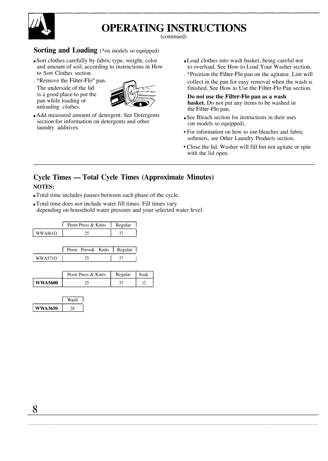 GE WA8610S operating instructions Opemt~G ~Structions, Cycle Times Total Cycle Times Approximate Minutes 