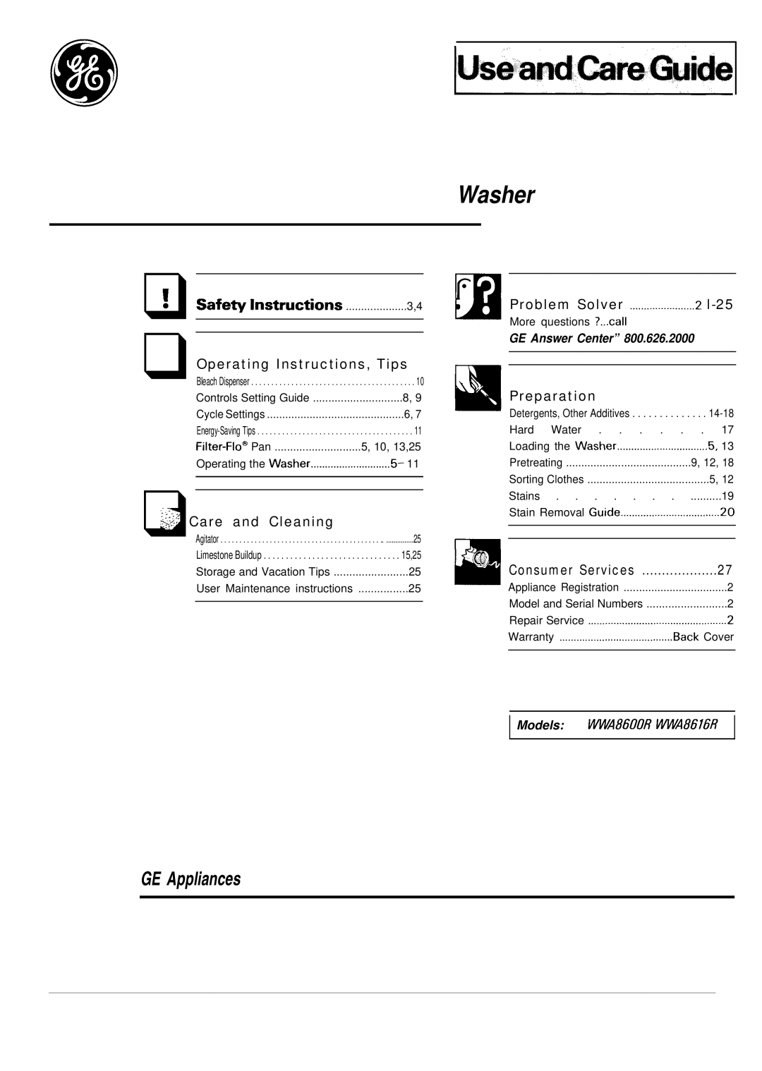 GE WA8600R, WA8616R operating instructions Washer 
