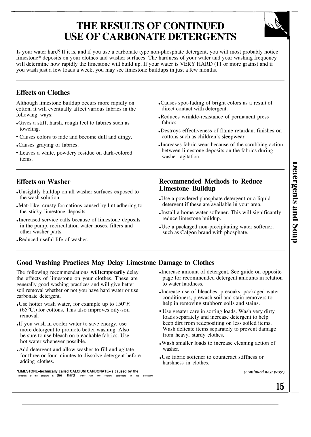 GE WA8600R, WA8616R Effecti on Clothes, Effecti on Washer, Recommended Methods to Reduce Limestone Buildup 