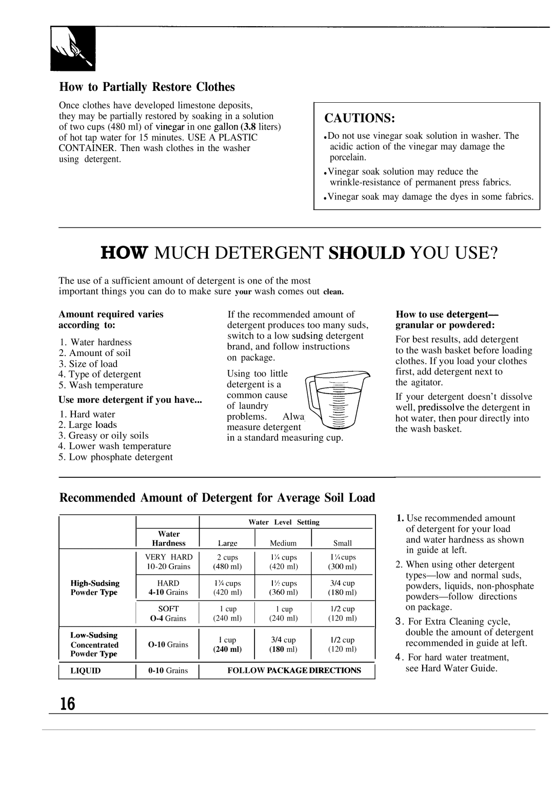 GE WA8616R, WA8600R How to Partially Restore Clothes, Recommended Amount of Detergent for Average Soil Load 