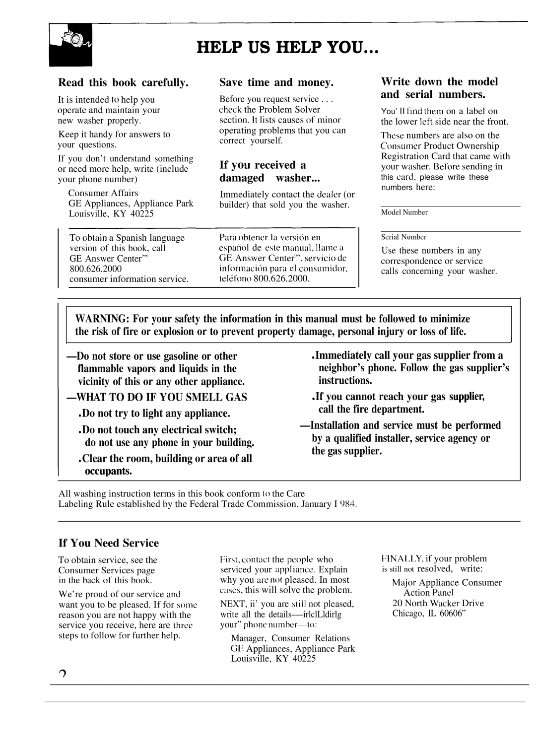 GE WA8616R, WA8600R operating instructions Help US Help YOU, Read this book carefully 