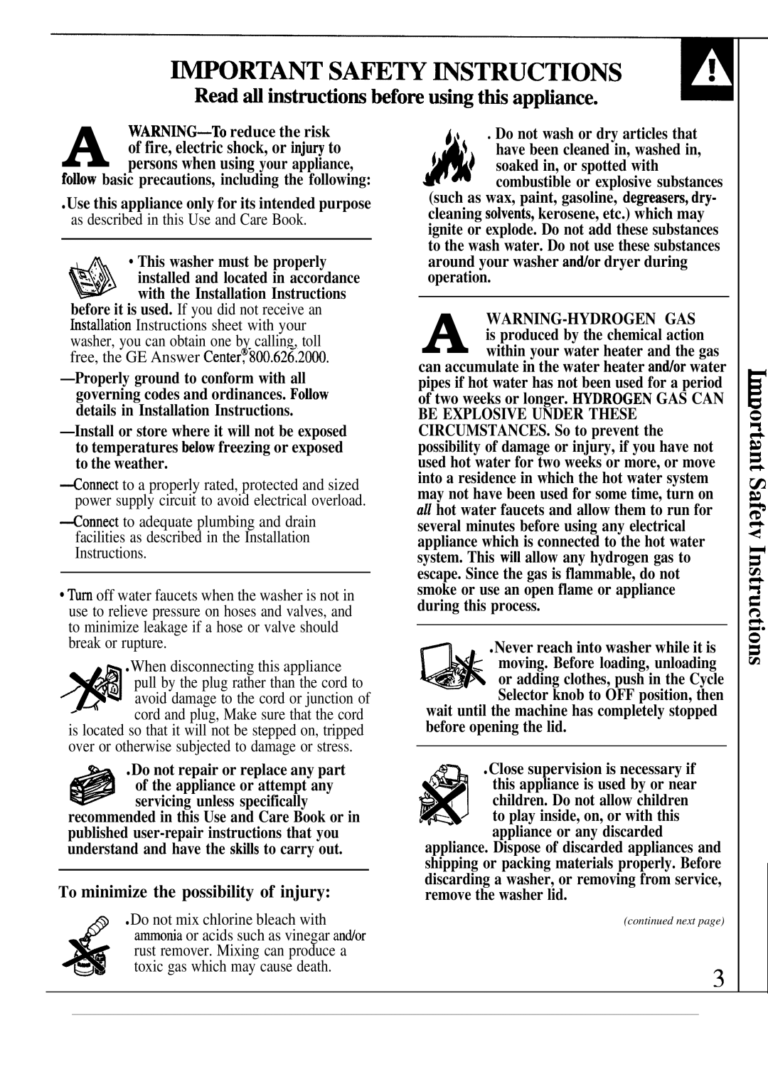 GE WA8600R, WA8616R operating instructions To minimize the possibility of injury 