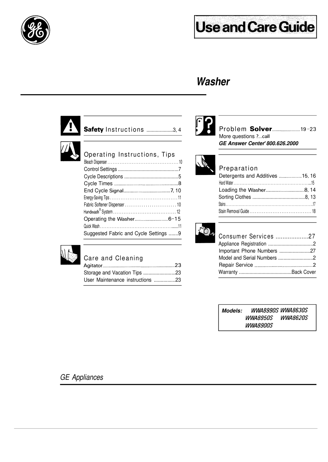 GE WA8630S, WA8900S, MA8950S, WA8620S operating instructions Usa’and~retiuide 