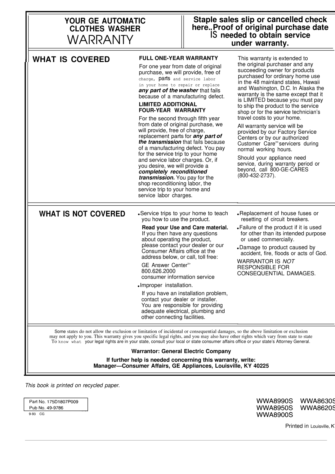 GE WA8900S, WA8630S, MA8950S, WA8620S operating instructions Warranty 