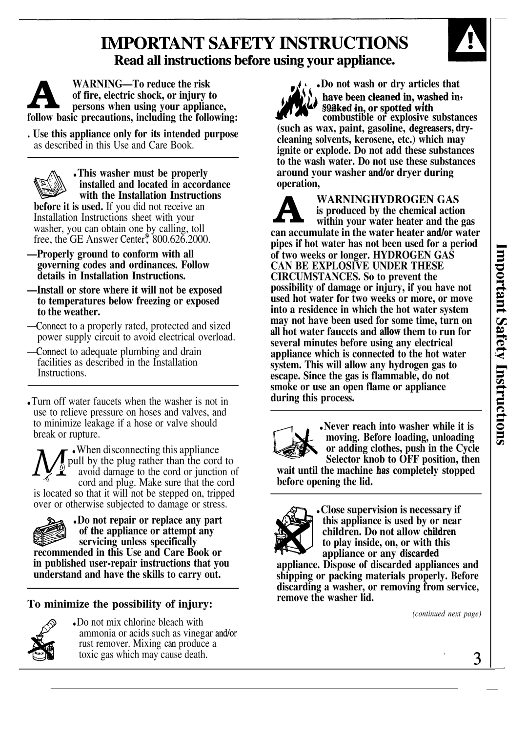 GE WA8620S, WA8900S, WA8630S, MA8950S operating instructions To minimize the possibility of injury 