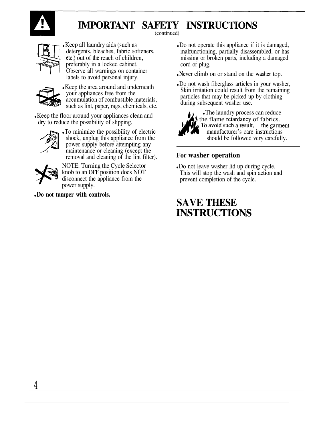 GE WA8900S, WA8630S, MA8950S, WA8620S operating instructions Wortant SAFEm ~STRUCTIONS, For washer operation 