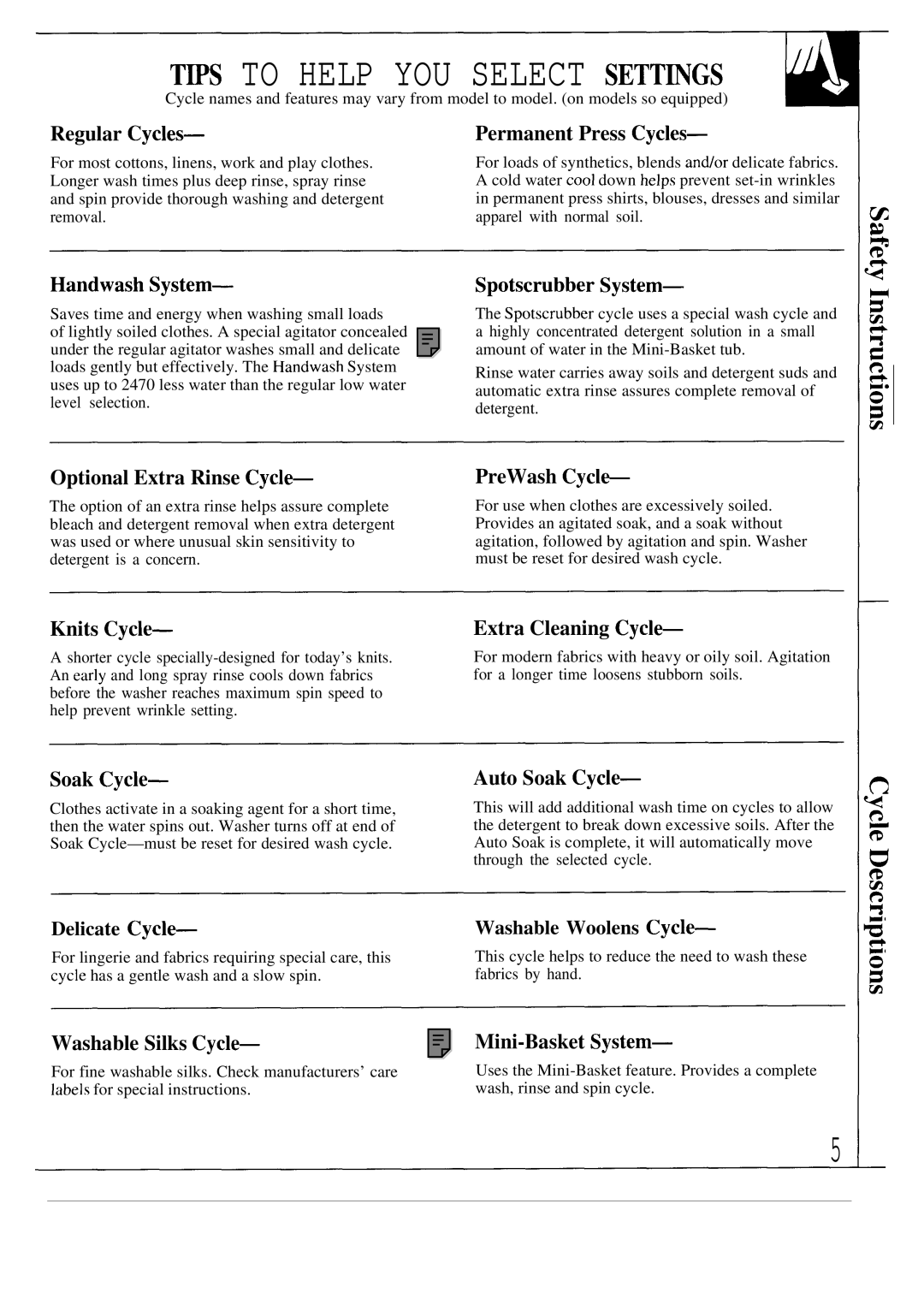 GE WA8630S, WA8900S, MA8950S, WA8620S operating instructions TWS to Help YOU Select SETT~GS 