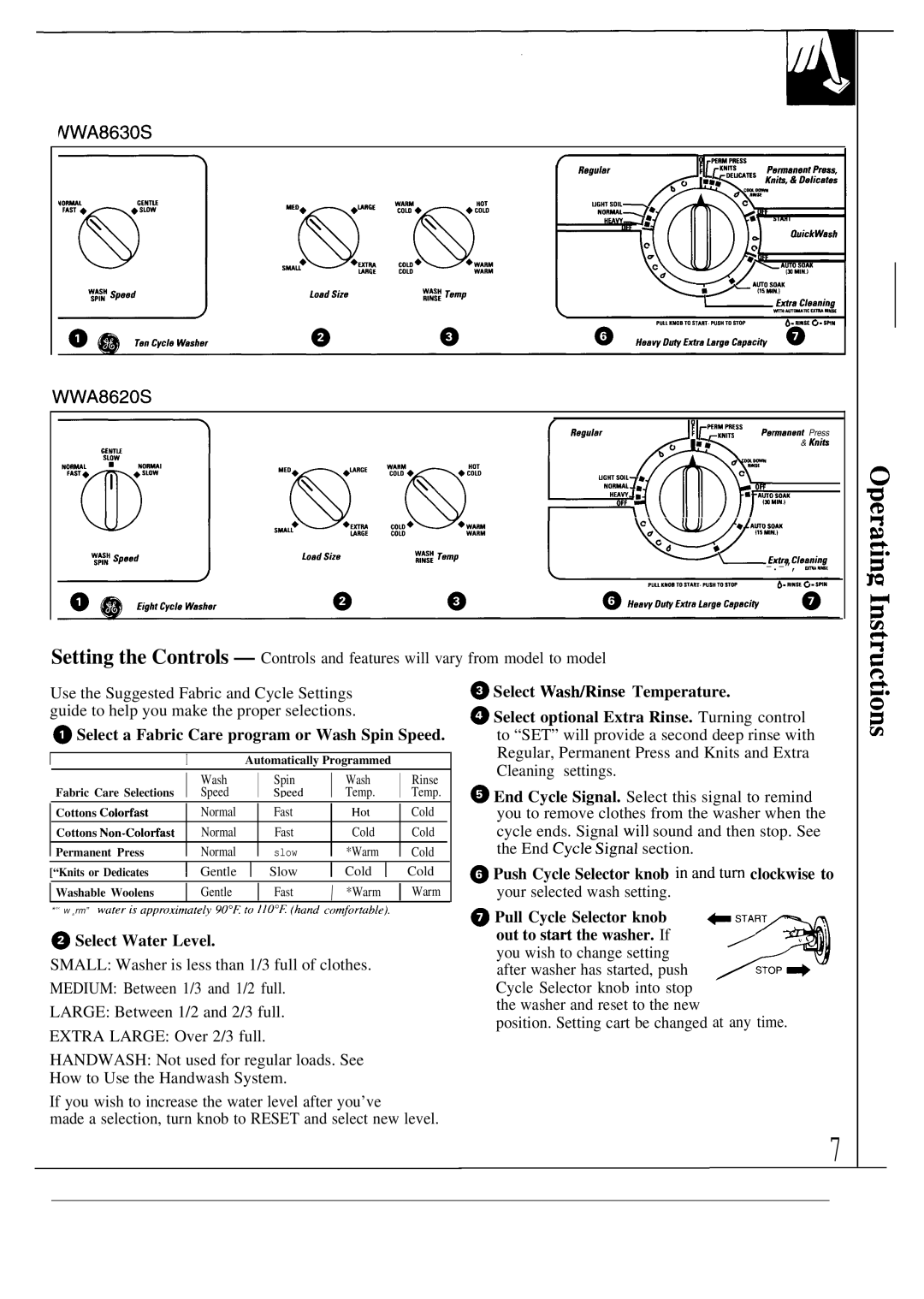 GE WA8620S, WA8900S ~ Select a Fabric Care program or Wash Spin Speed, ~ Select Was~inse Temperature, ~ Select Water Level 