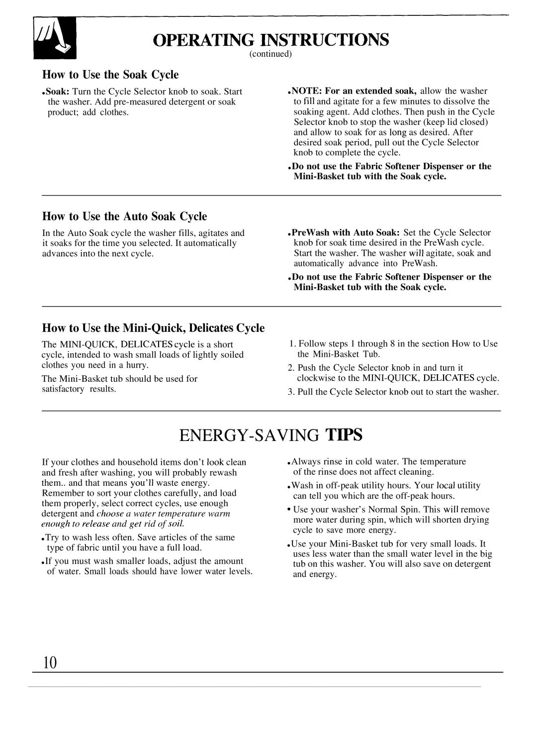 GE WA9895S operating instructions Energy-Saving Tws, How to Use the Soak Cycle, How to Use the Auto Soak Cycle 