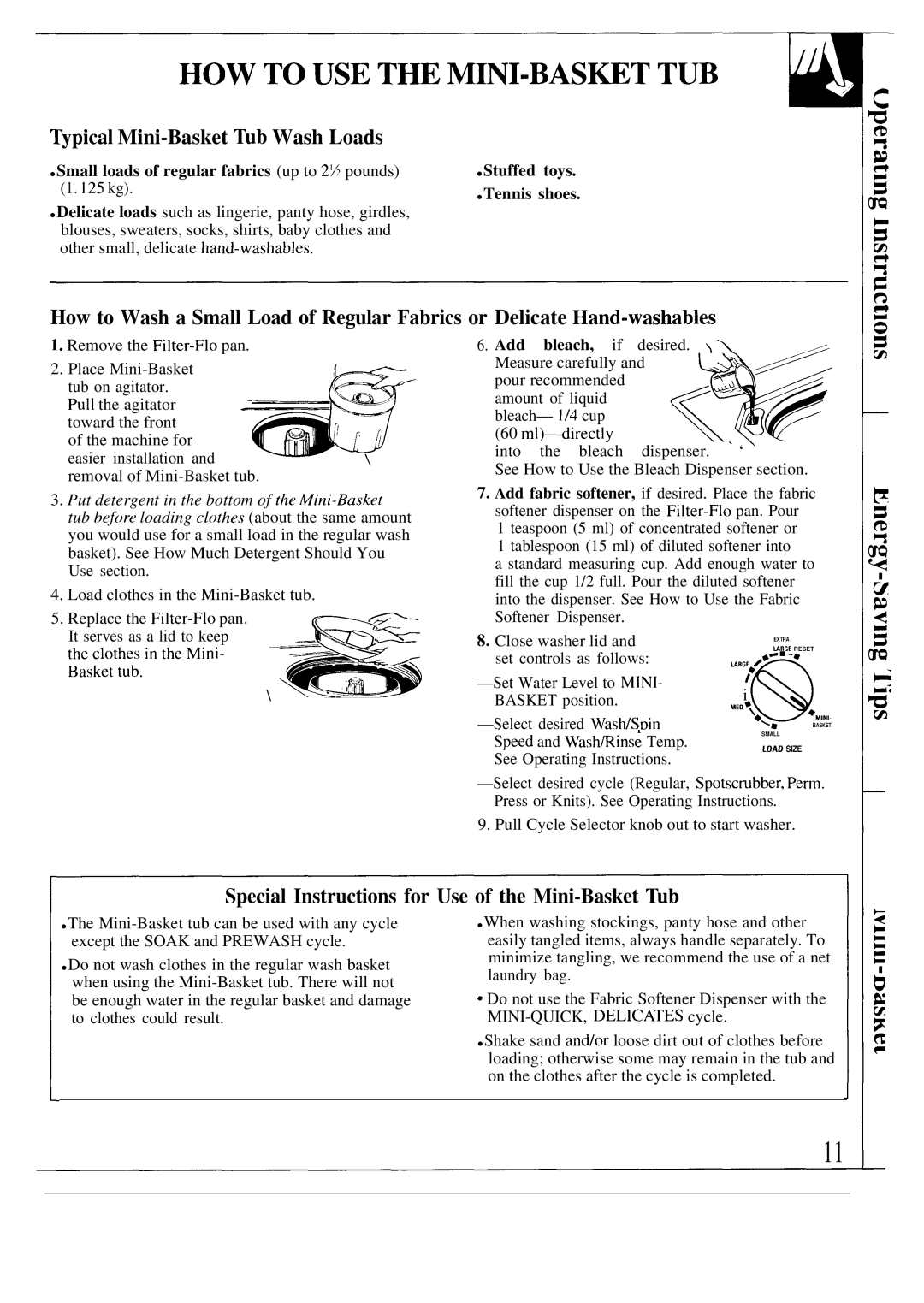 GE WA9895S ~pical Mini-Basket ~b Wash Loads, Special Instructions for Use of the Mini-Basket ~b, Tennis shoes 