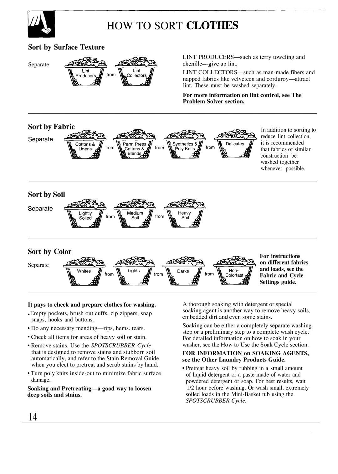 GE WA9895S operating instructions HOW to Sort CLOT~S, Sort by Surface Texture, Sort by Soil Sort by Color 