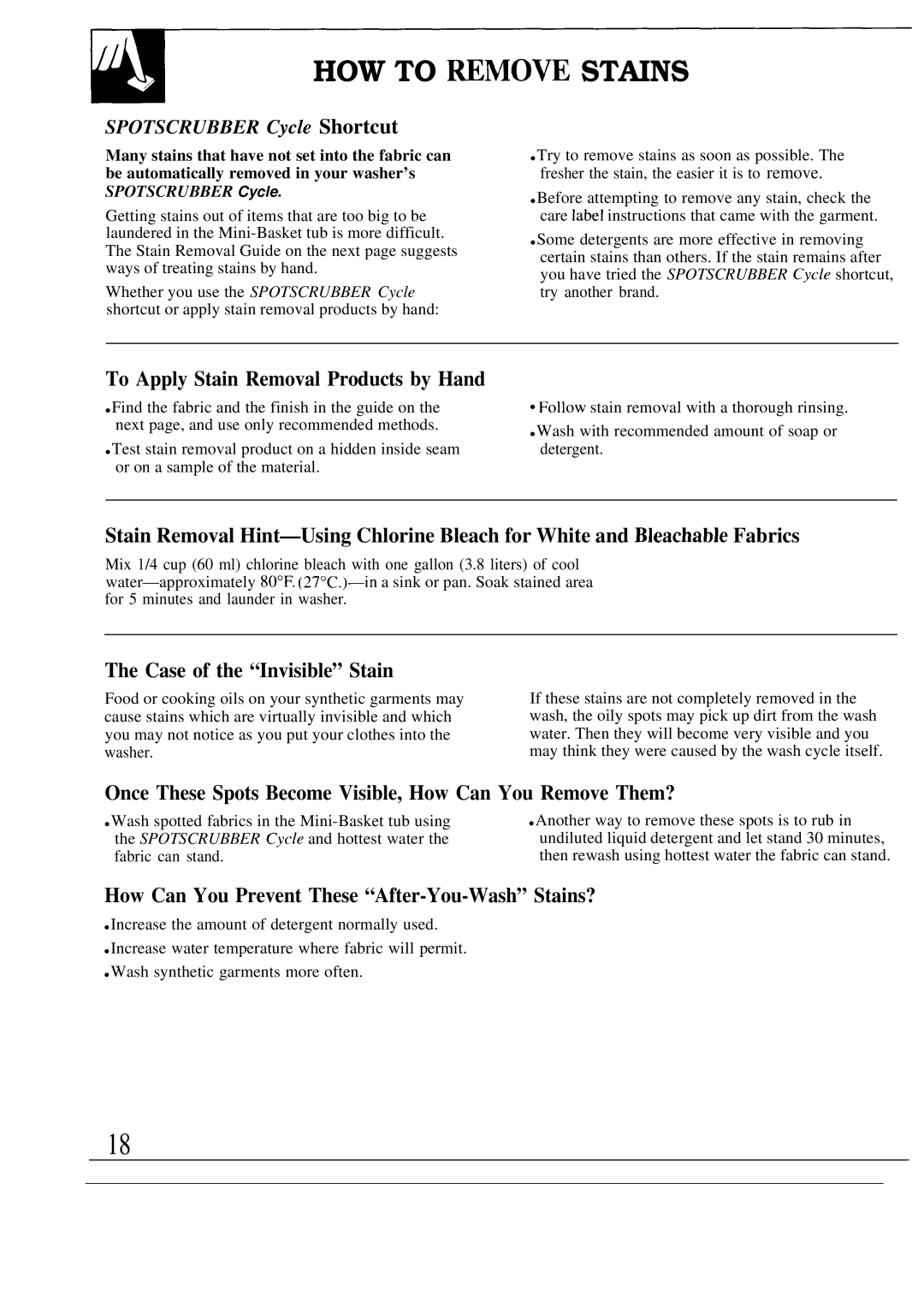 GE WA9895S operating instructions To Apply Stain Removal Products by Hand, Case of the Invisible Stain 