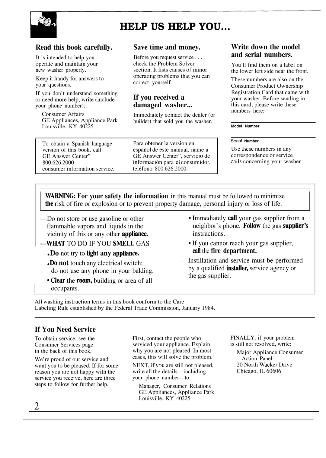 GE WA9895S Read this book carefully, Save time and money, If you received a Damaged washer, CaM the fire department 