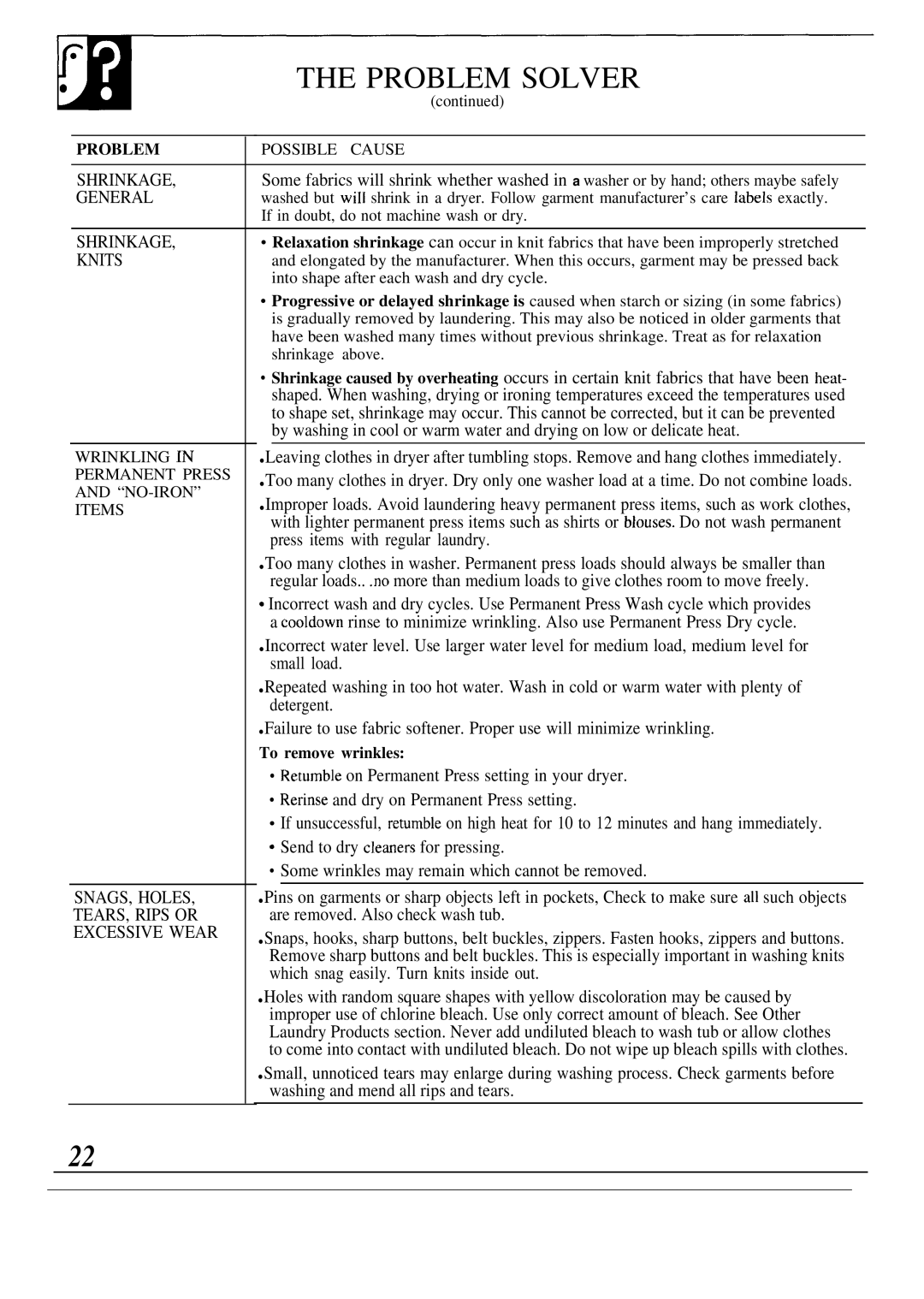 GE WA9895S operating instructions Problem Solver, To remove wrinkles 