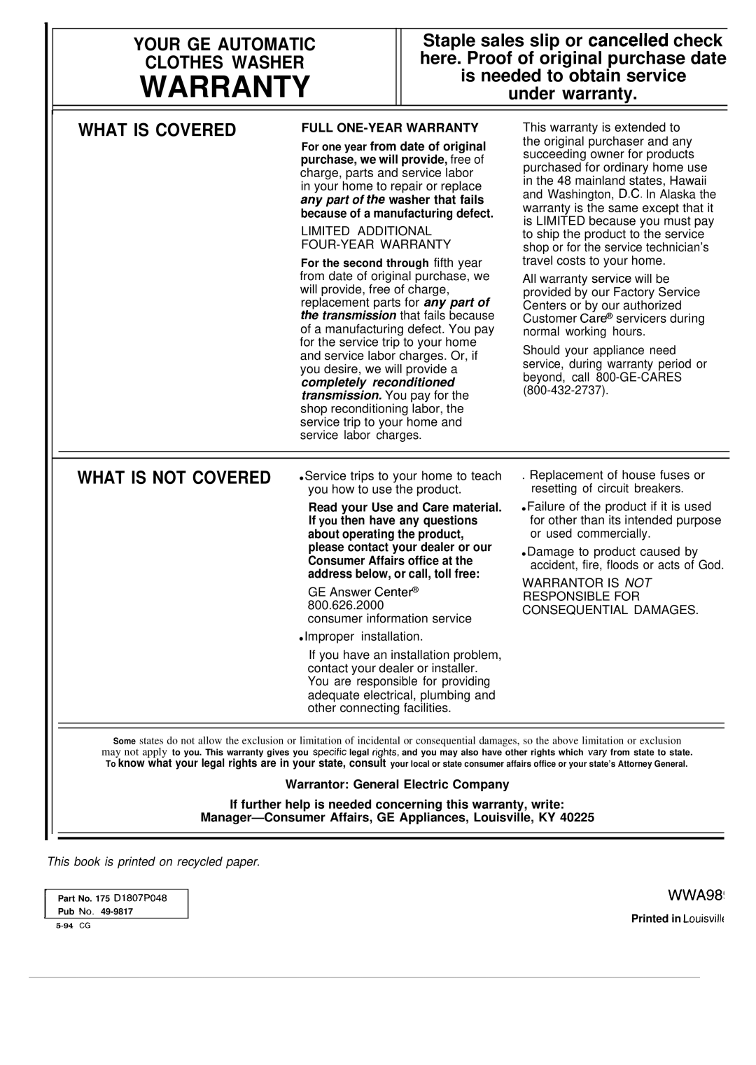 GE WA9895S operating instructions Warranty 