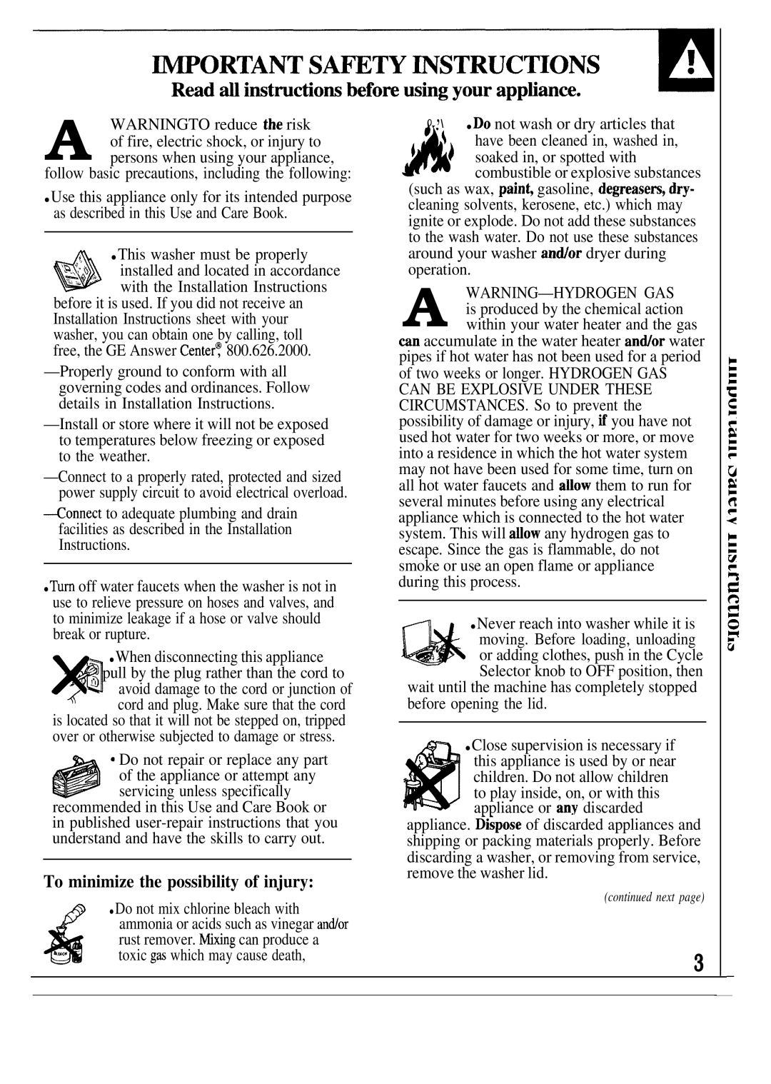 GE WA9895S operating instructions To minimize the possibility of injury 