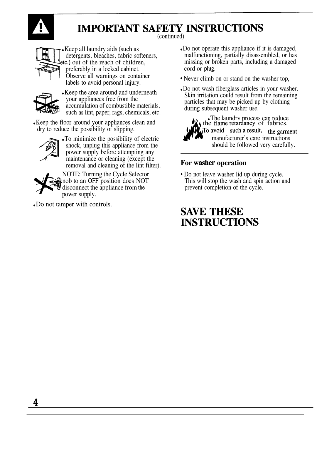 GE WA9895S operating instructions Wortant Safew ~STRUCTIONS, For wmher operation 