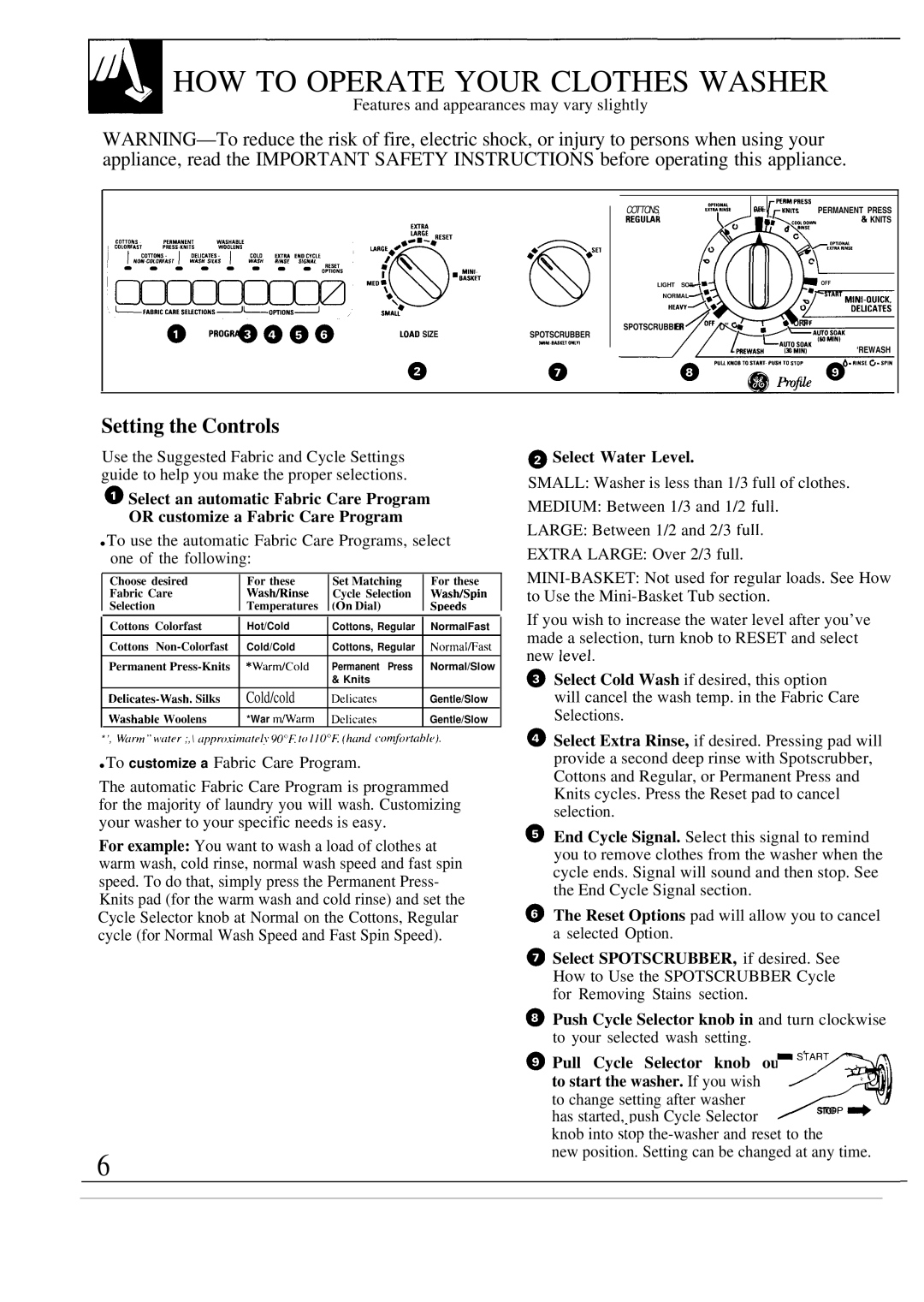 GE WA9895S operating instructions HOW to Operate Your Clothes Washer, Setting the Controls, @ Select Water Level, Cold/cold 