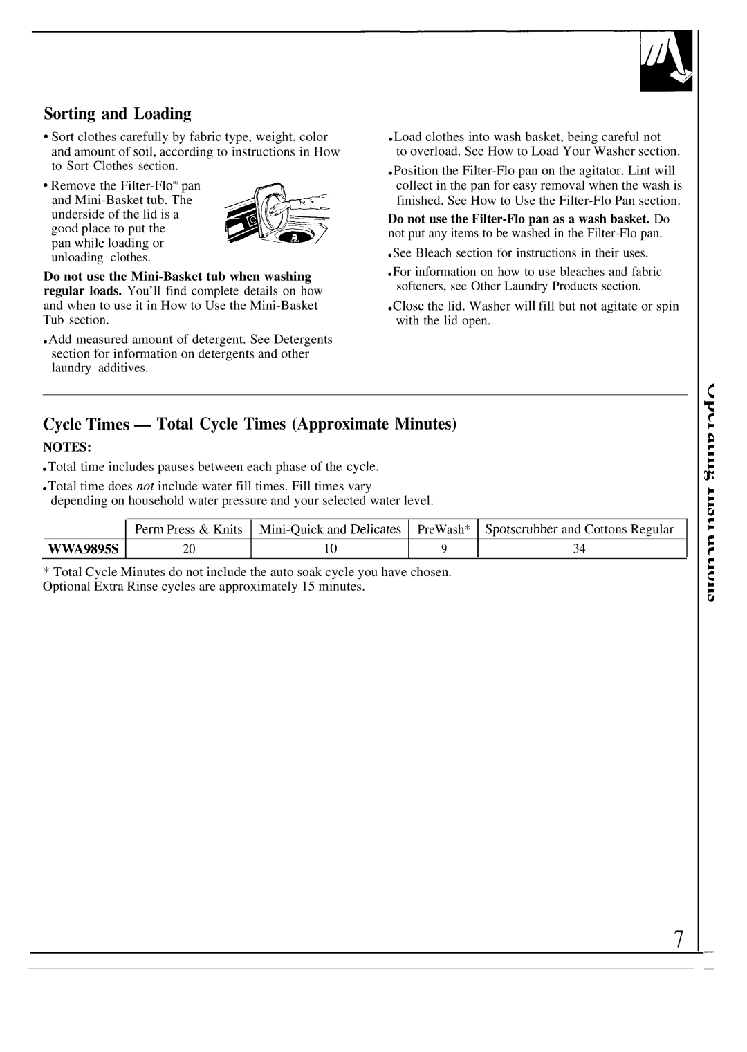 GE WA9895S operating instructions Sorting and Loading, Cycle Times Total Cycle Times Approximate Minutes 