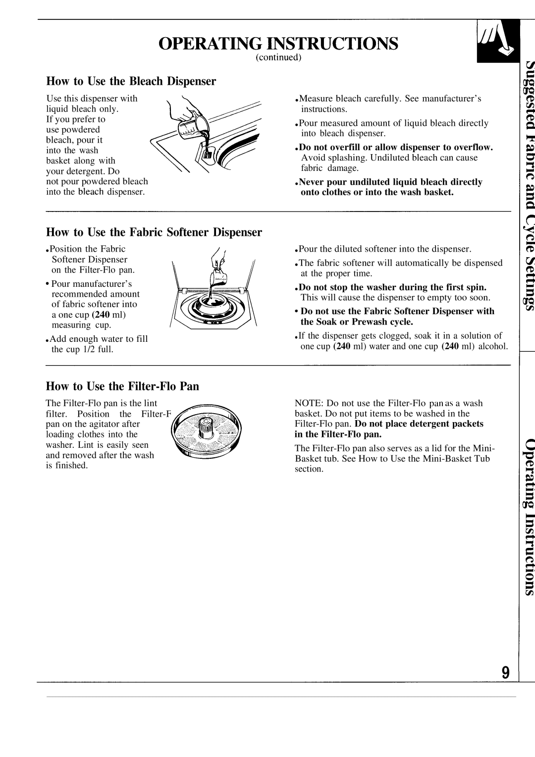 GE WA9895S How to Use the Bleach Dispenser, How to Use the Fabric Softener Dispenser, How to Use the Filter-Flo Pan 