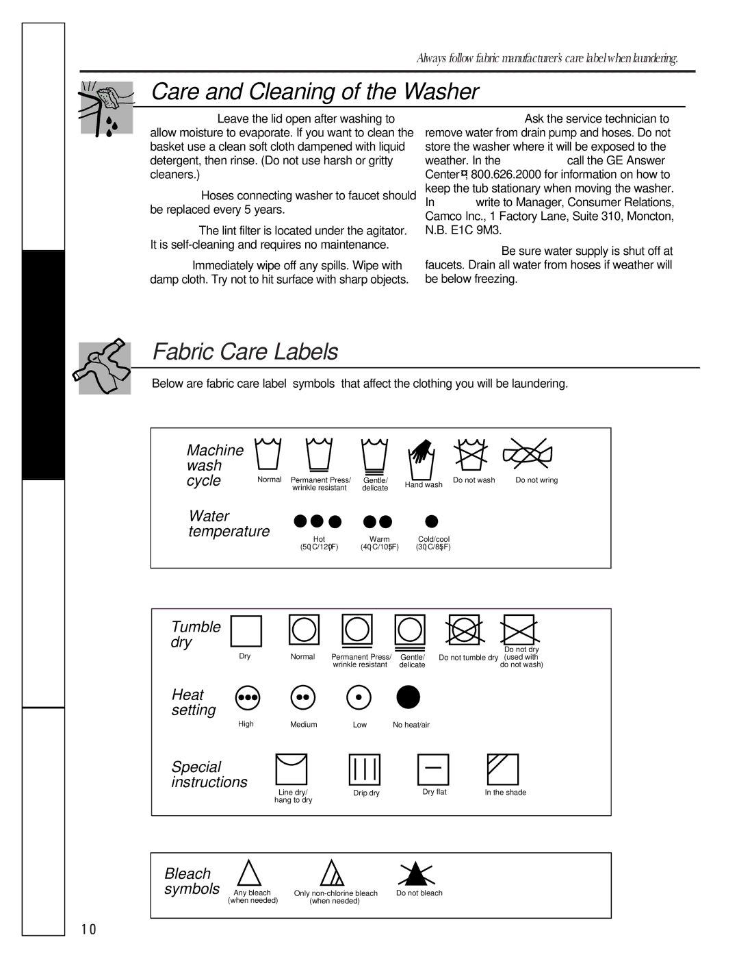 GE WASE4220 owner manual Care and Cleaning of the Washer, Fabric Care Labels 