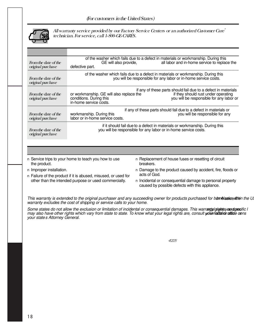 GE WASE4220 owner manual Customer Service, For The Period Of We Will Replace, What Is Not Covered 