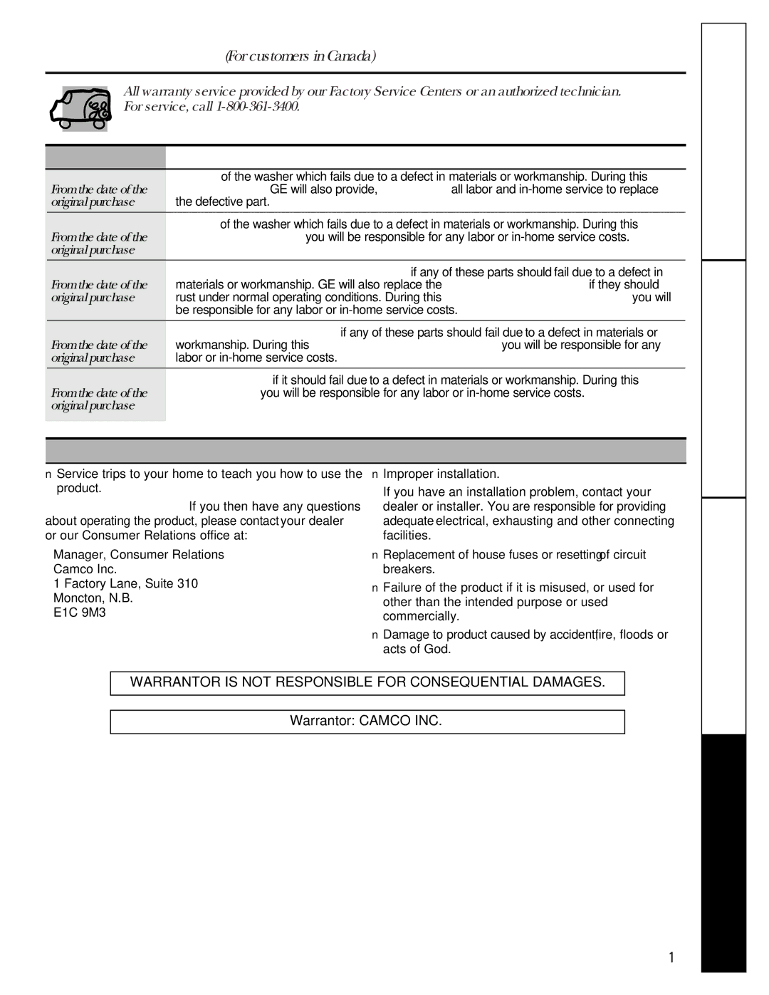 GE WASE4220 owner manual GE Washer Warranty For customers in Canada 